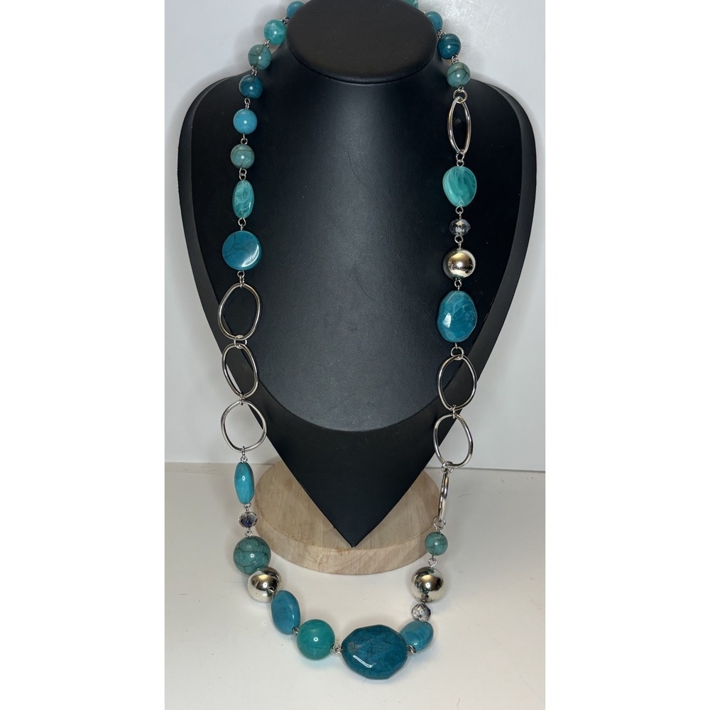 Vintage Blue Acrylic Beaded Necklace 30" Chunky Boho Statement Jewelry
